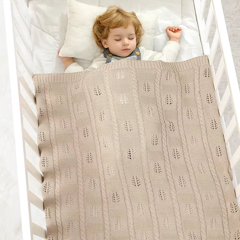 Heirloom Knit Cotton Baby Blanket | Embroidered Bear & Scalloped Lace Border