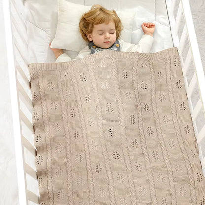 Heirloom Knit Cotton Baby Blanket | Embroidered Bear & Scalloped Lace Border