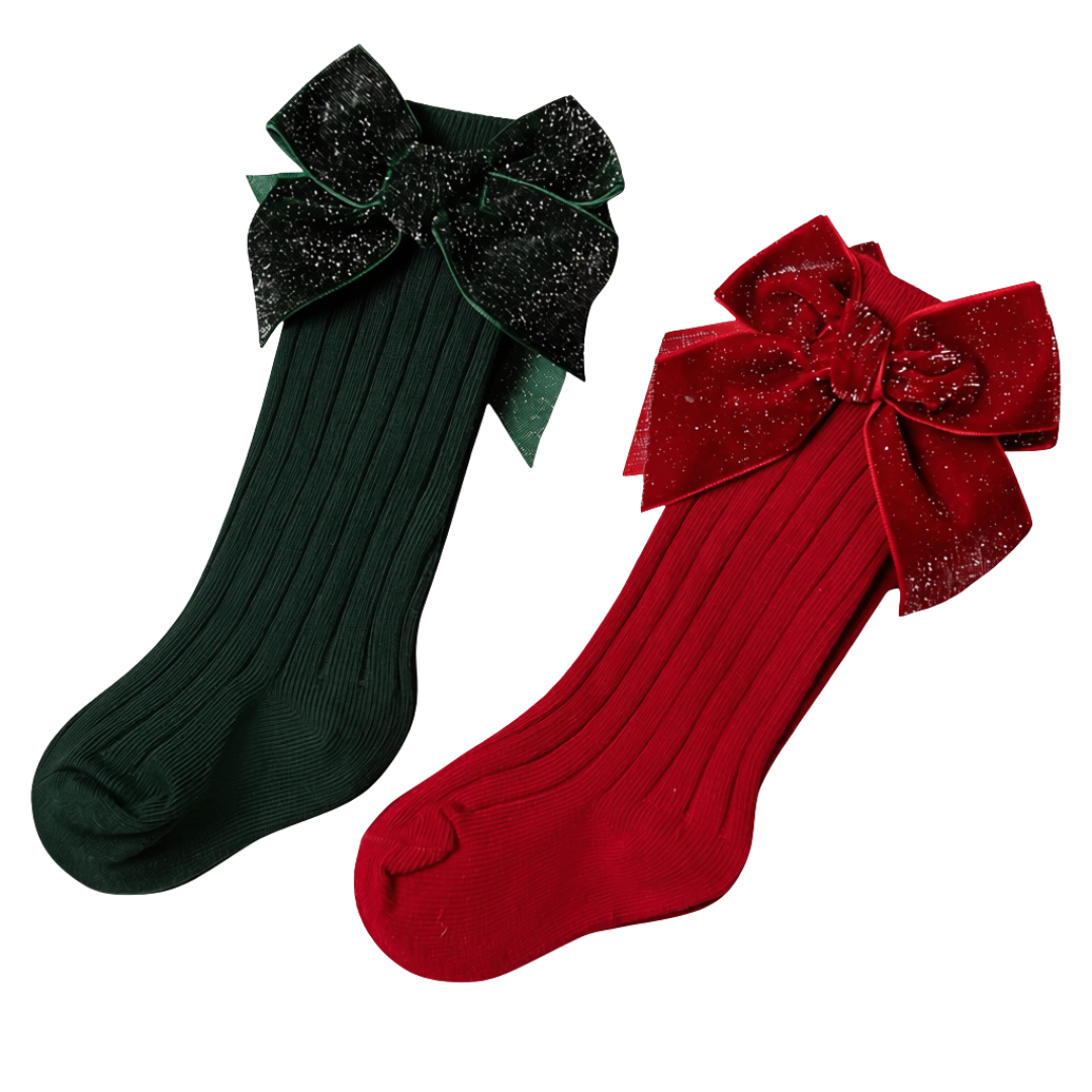 Baby & Toddler Girls Christmas Velvet Bow Socks – Kids Festive Ribbed Knit Stockings (0–8 Years)