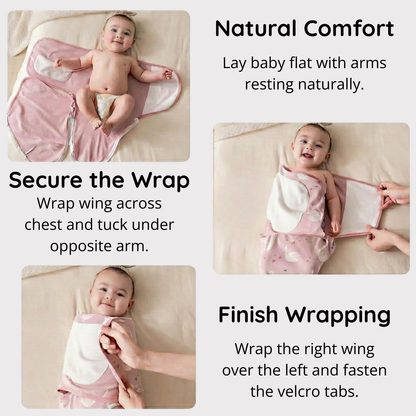 3-step instructional guide on how to use the pink swan velcro swaddle: lay baby flat for natural comfort, secure the inner wing across the chest, and finish wrapping with the silent velcro tabs.
