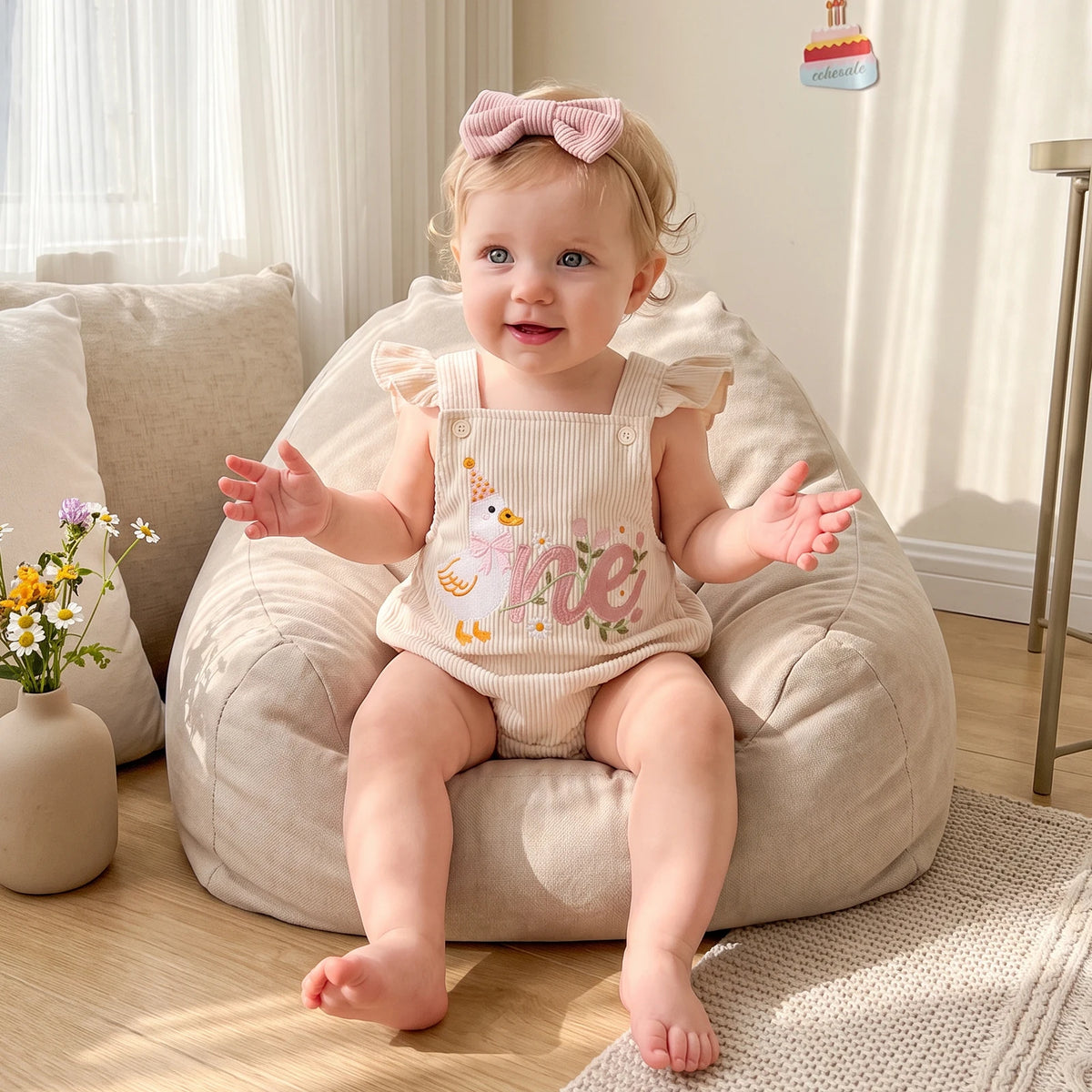 Baby girl sitting in a chair wearing a Silly Goose embroidered ONE birthday romper and pink bow headband.