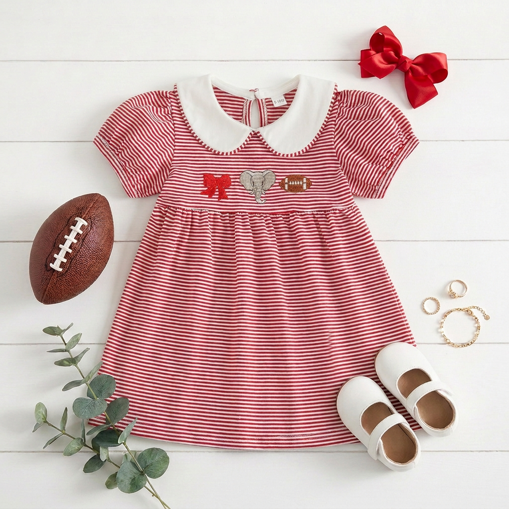Flat lay of the crimson red striped toddler game day dress featuring elephant and football embroidery, styled on a white wooden surface with white toddler shoes, a red hair bow, a football, and greenery.