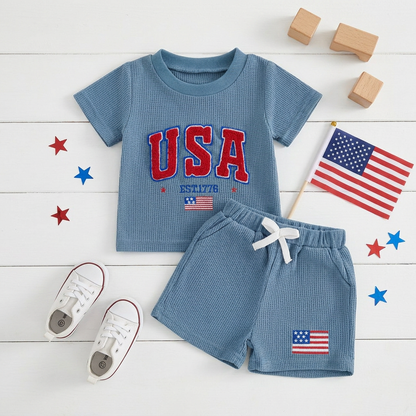 Toddler Boy 4th of July Outfit - USA Patriotic Blue Waffle Shorts Set (0-3T)