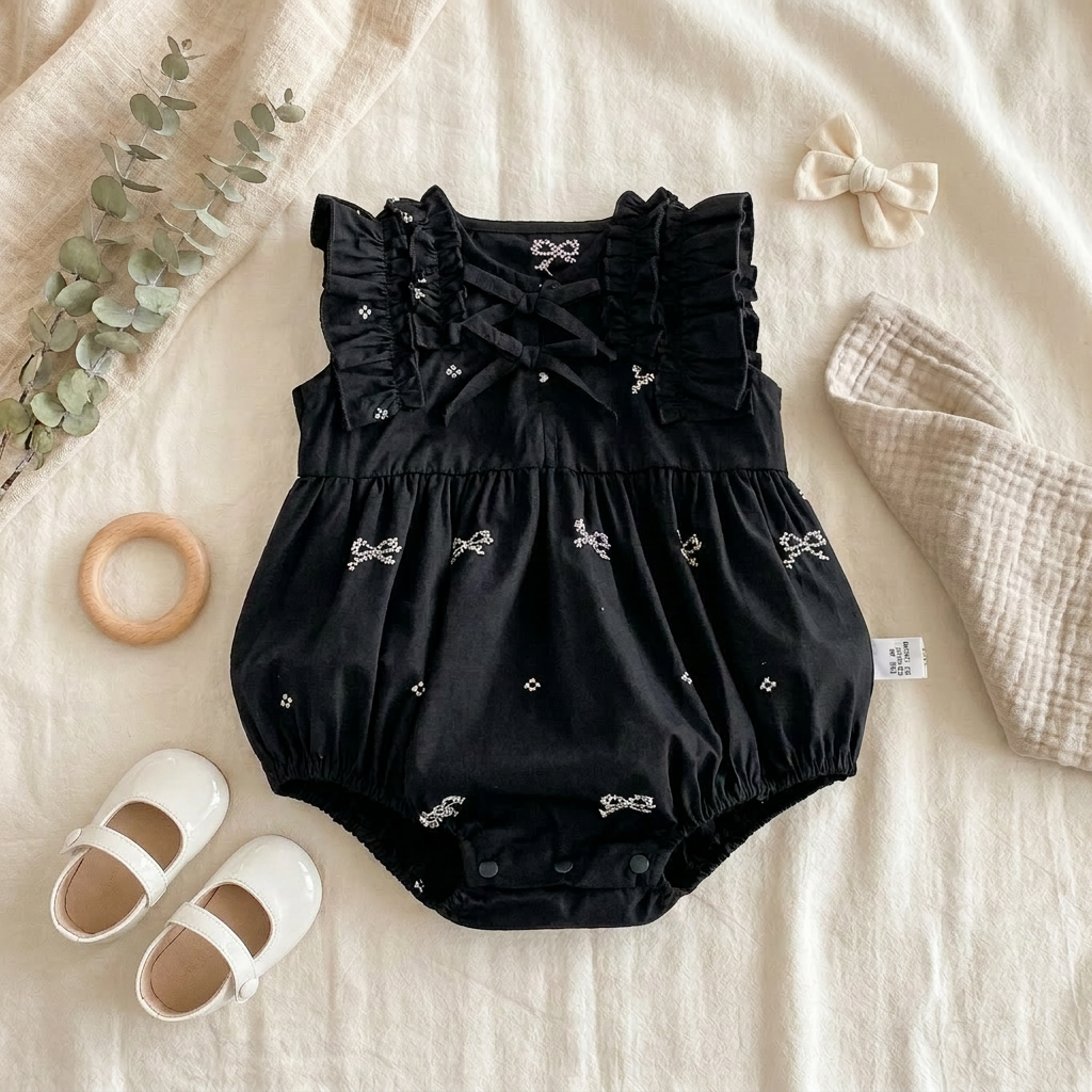 Baby Girl Black and White Embroidered Bow Romper - Vintage Ruffle Summer Bubble Bodysuit (3-24M)