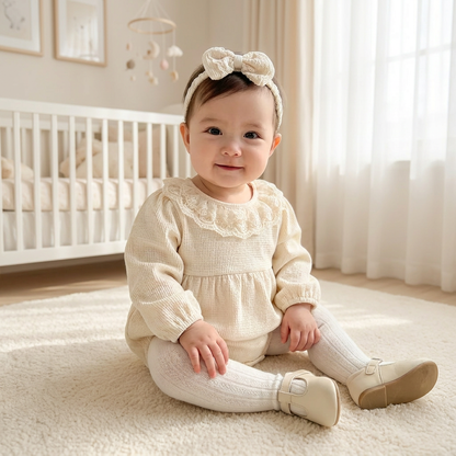 Vintage Style Baby Girl Waffle Knit Long Sleeve Bubble Romper & Headband Set with Lace Collar (3-24M)