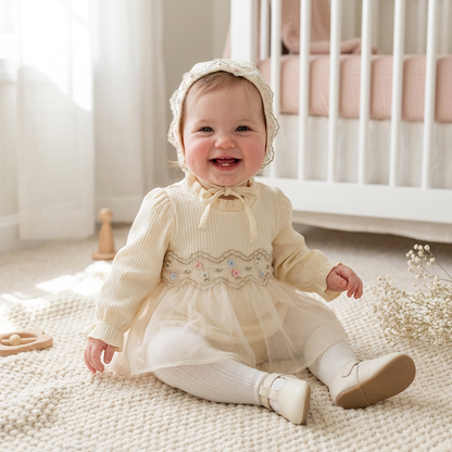Baby Girl's Cream Floral Embroidered Tulle Romper Dress & Bonnet Set (3M-2T)