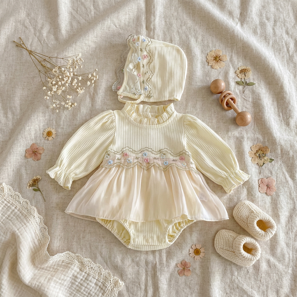 Baby Girl's Cream Floral Embroidered Tulle Romper Dress & Bonnet Set (3M-2T)