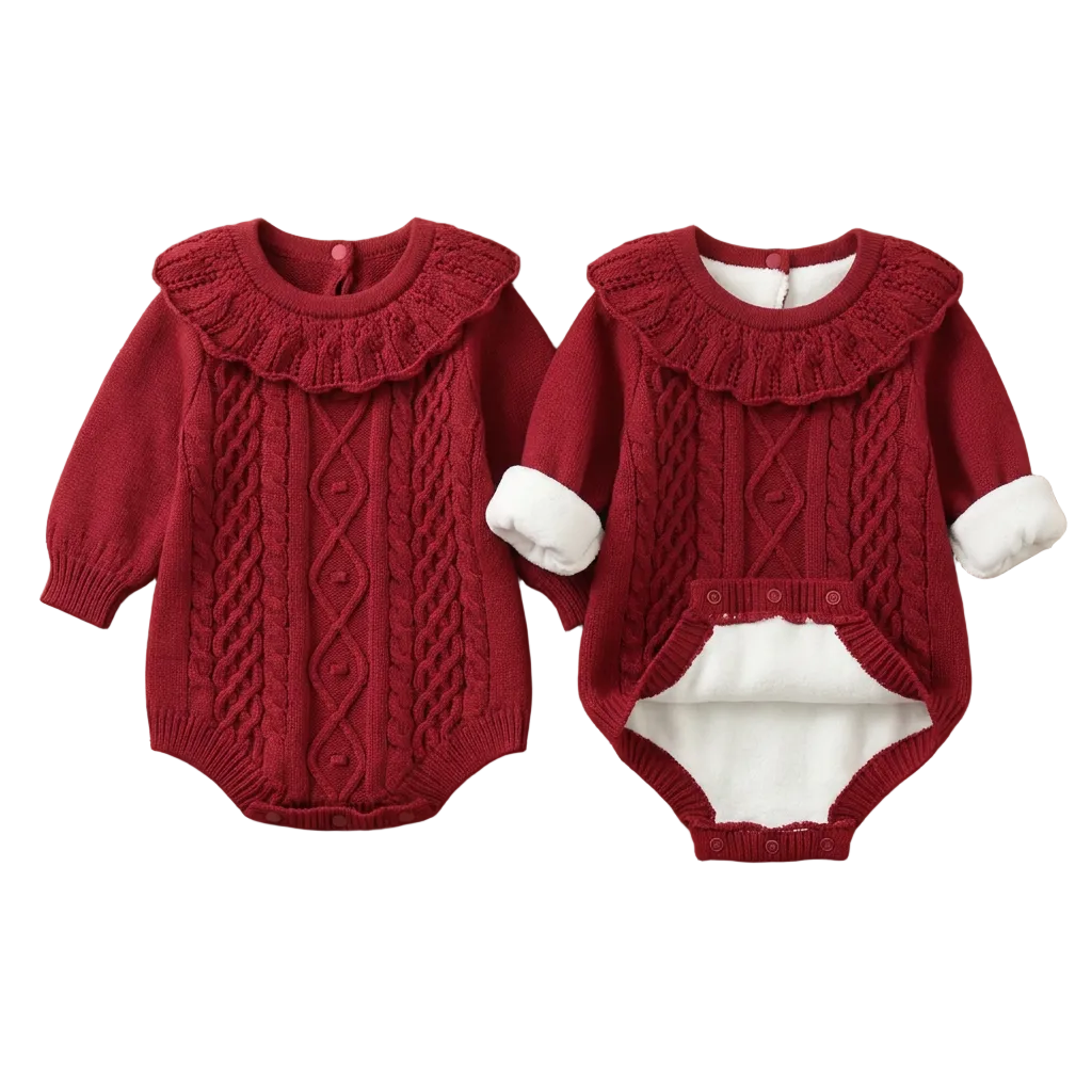 Baby Girl Red Knit Ruffle Collar Romper – Long Sleeve Christmas Sweater Bodysuit (0-24M)