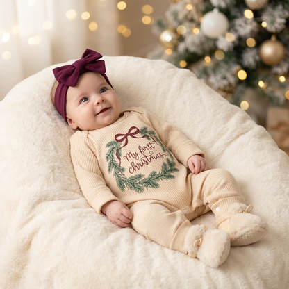 Baby Girl "My First Christmas" Long Sleeve Ribbed Romper & Bow Headband Set (0-6M)