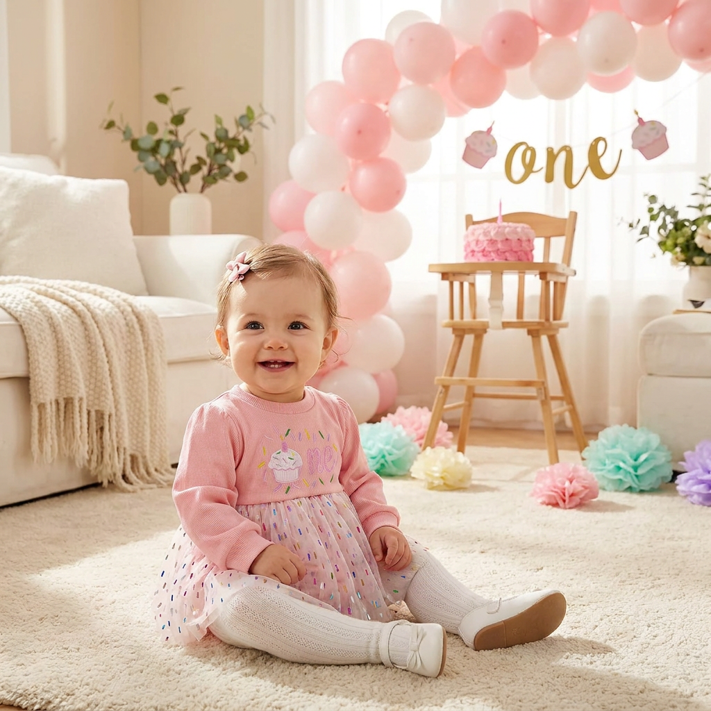 Baby Girl 1st Birthday Cupcake Embroidered Tutu Romper Dress - Long Sleeve Confetti Tulle Bodysuit (6-18M)