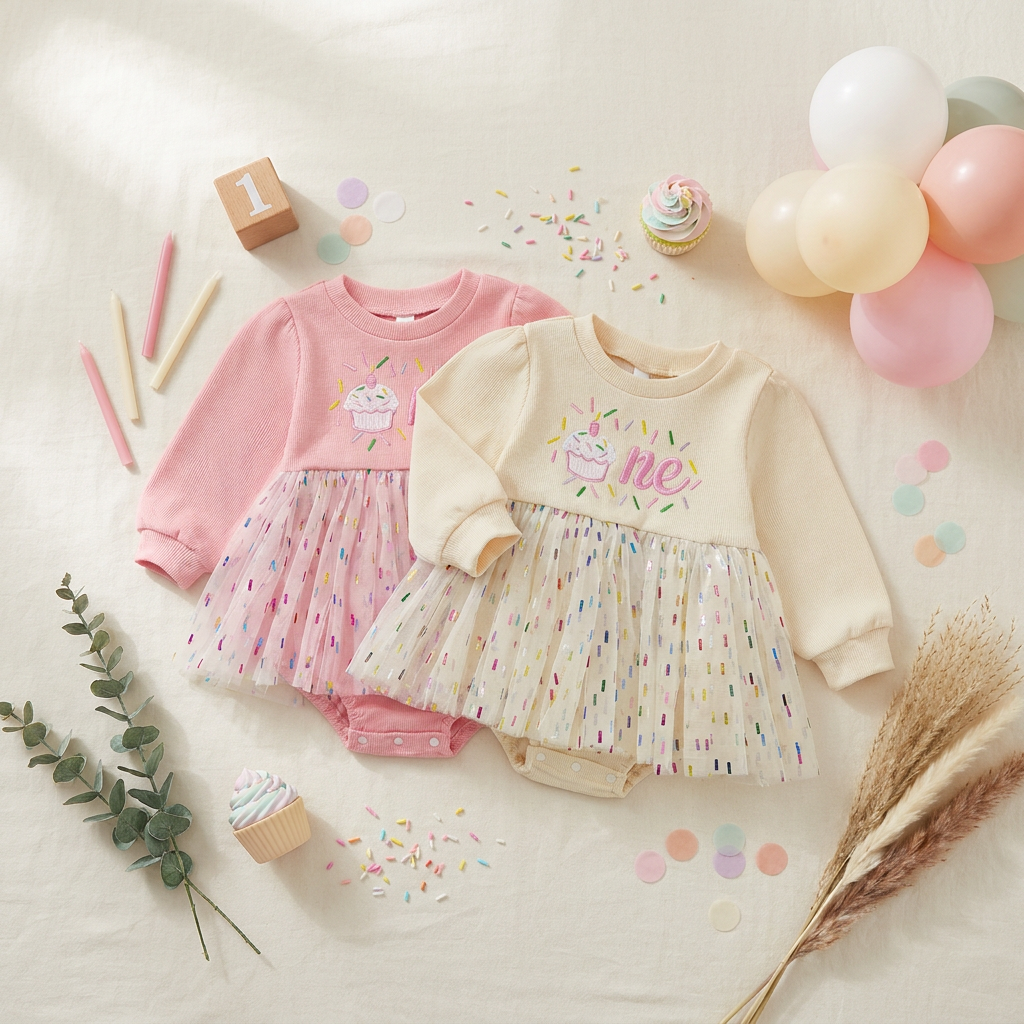 Baby Girl 1st Birthday Cupcake Embroidered Tutu Romper Dress - Long Sleeve Confetti Tulle Bodysuit (6-18M)