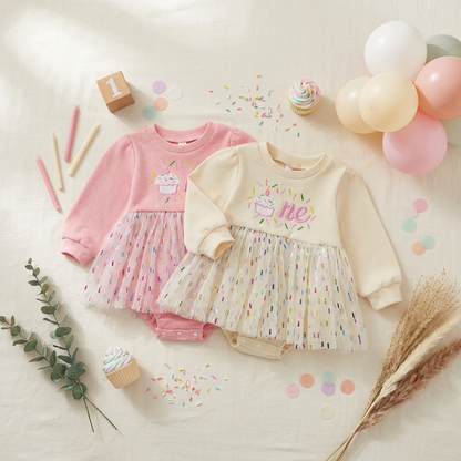 Baby Girl 1st Birthday Cupcake Embroidered Tutu Romper Dress - Long Sleeve Confetti Tulle Bodysuit (6-18M)