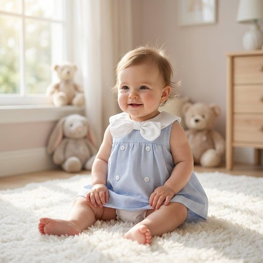 Baby Girl Summer Sailor Dress Romper - Sky Blue Striped Sleeveless Jumpsuit with Bow & Nautical Collar (0-18M)