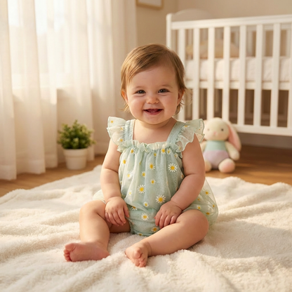 Baby Girl Daisy Floral Romper & Sun Hat Set - Cotton Mesh Fly Sleeve Summer Jumpsuit (3M-2T)
