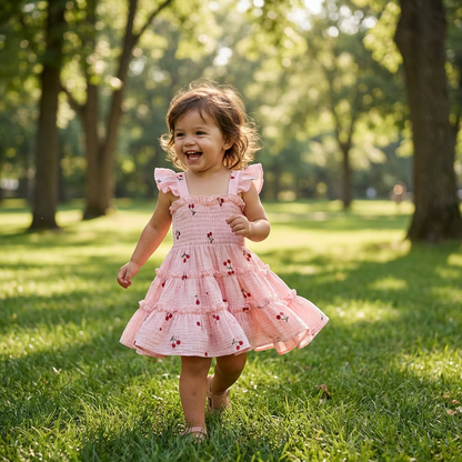 Baby & Toddler Girl Smocked Cherry Summer Dress - Flying Sleeve Tiered Cotton Sun Dress (6M-5T)