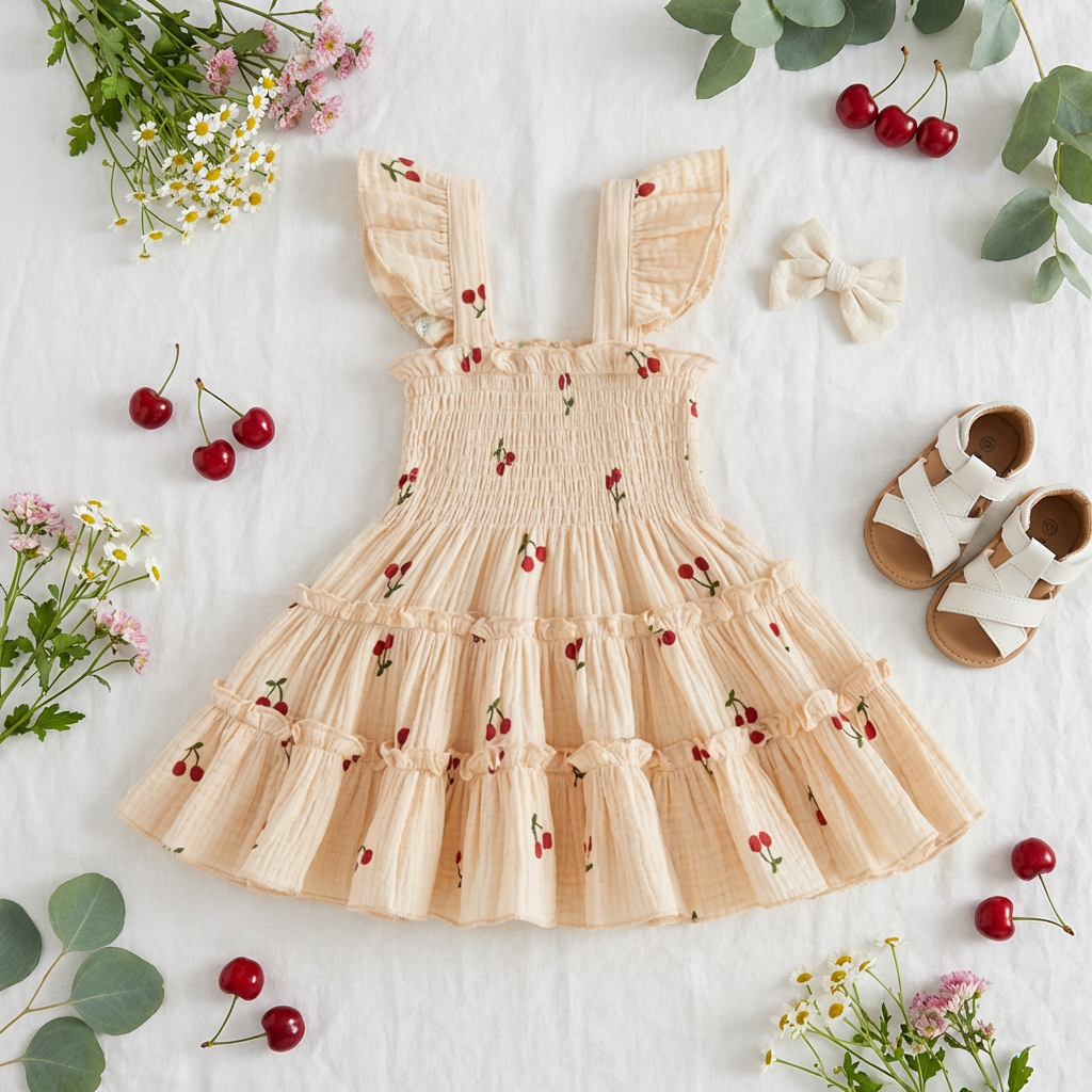 Baby & Toddler Girl Smocked Cherry Summer Dress - Flying Sleeve Tiered Cotton Sun Dress (6M-5T)