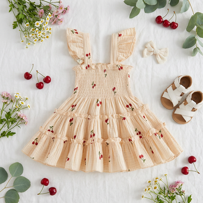 Baby & Toddler Girl Smocked Cherry Summer Dress - Flying Sleeve Tiered Cotton Sun Dress (6M-5T)