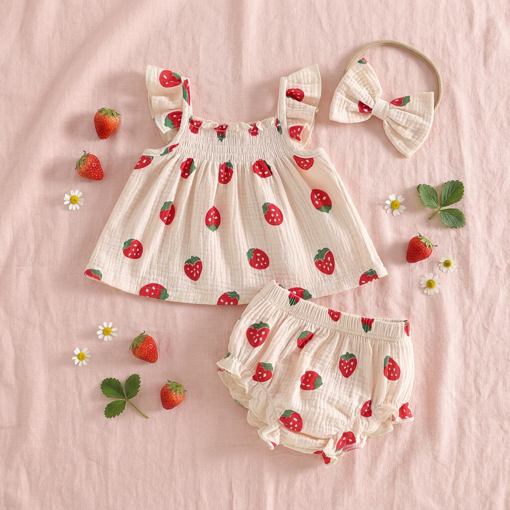 Baby Girl Strawberry Berry Print Summer Outfit - 3pc Cotton Babydoll Top, Ruffle Shorts & Headband Set (0-18M)