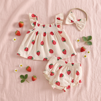 Baby Girl Strawberry Berry Print Summer Outfit - 3pc Cotton Babydoll Top, Ruffle Shorts & Headband Set (0-18M)