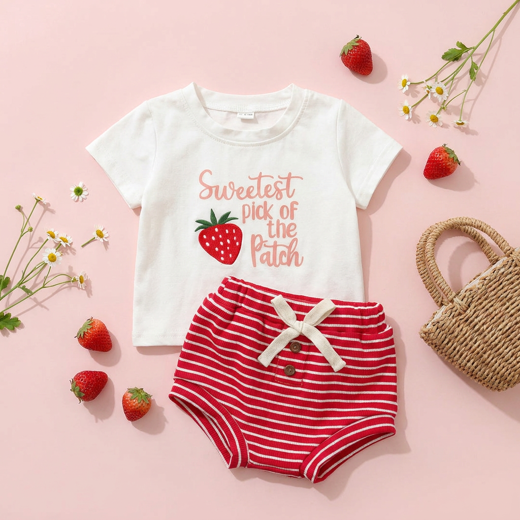 Baby & Toddler Girls "Sweetest Pick" Strawberry T-Shirt and Striped Shorts 2pc Summer Set (6M-3T)