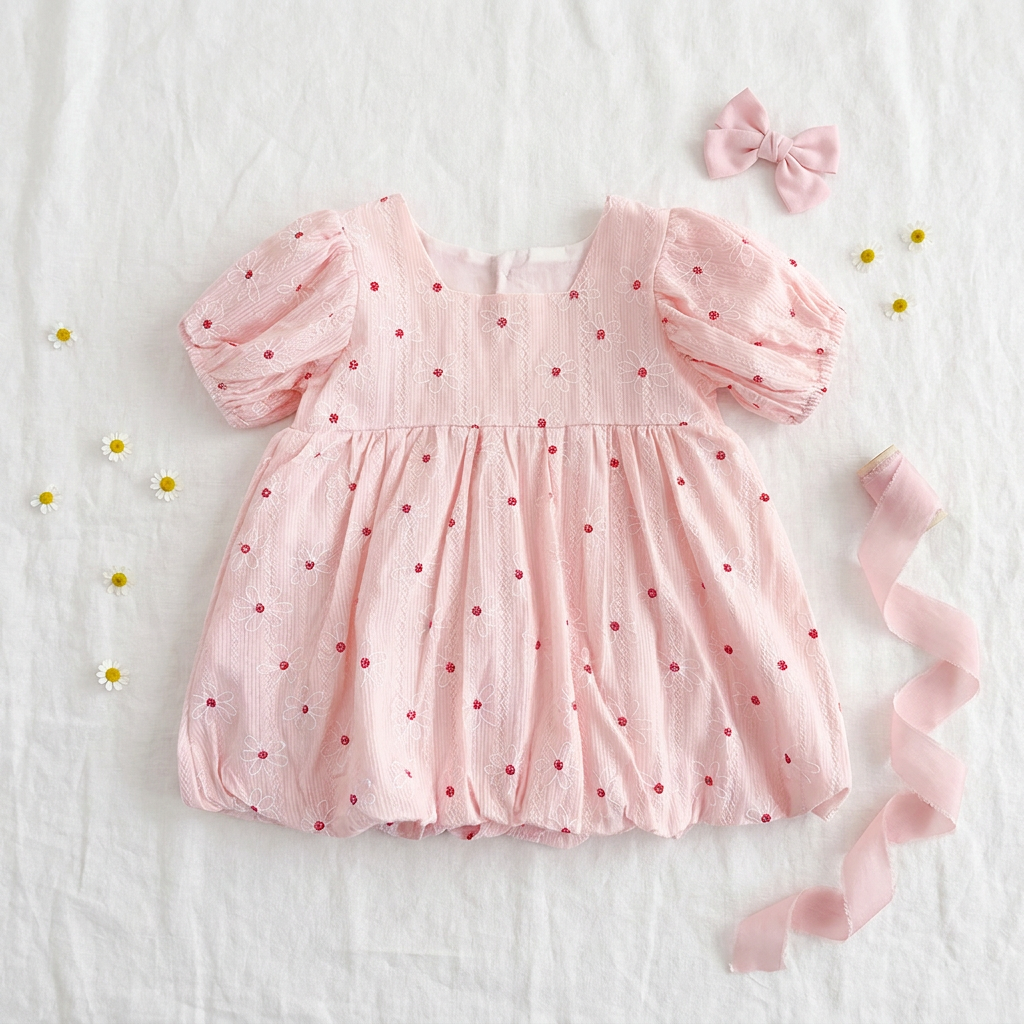 Baby & Toddler Girl Floral Embroidery Bubble Dress - Puff Sleeve Special Occasion Sunsuit (6-24M)