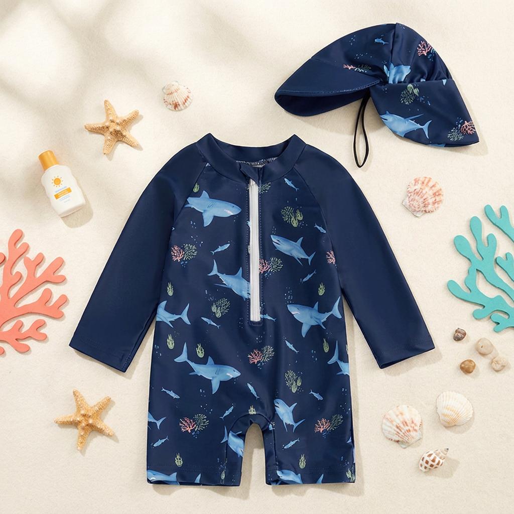 Navy Blue Shark Rash Guard Swimsuit & Sun Hat Set | UPF 50+ Protection (0-5T)
