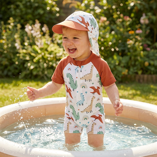 Dinosaur Terracotta Rash Guard Set - Premium Half-Zip One-Piece Swimwear with Sun Hat (6M-5T)