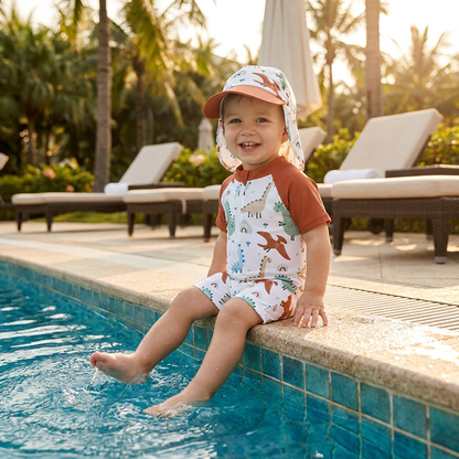 Dinosaur Terracotta Rash Guard Set - Premium Half-Zip One-Piece Swimwear with Sun Hat (6M-5T)