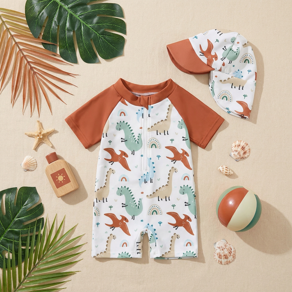 Dinosaur Terracotta Rash Guard Set - Premium Half-Zip One-Piece Swimwear with Sun Hat (6M-5T)