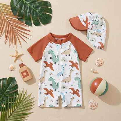 Dinosaur Terracotta Rash Guard Set - Premium Half-Zip One-Piece Swimwear with Sun Hat (6M-5T)