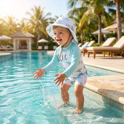 Sea Turtle & Starfish Rash Guard Sun Hat Set | Zip One-Piece Aqua (0-3T)