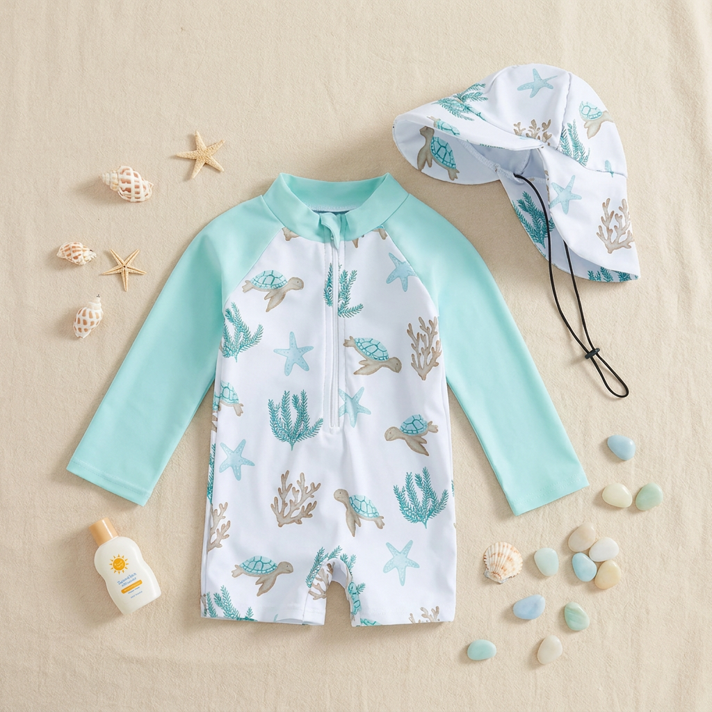 Sea Turtle & Starfish Rash Guard Sun Hat Set | Zip One-Piece Aqua (0-3T)
