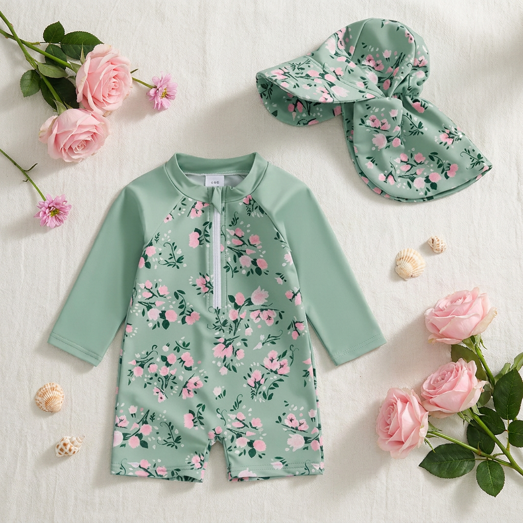 Cottagecore Vintage Rose Rash Guard & Sun Hat – Sage Green (3M-4T)