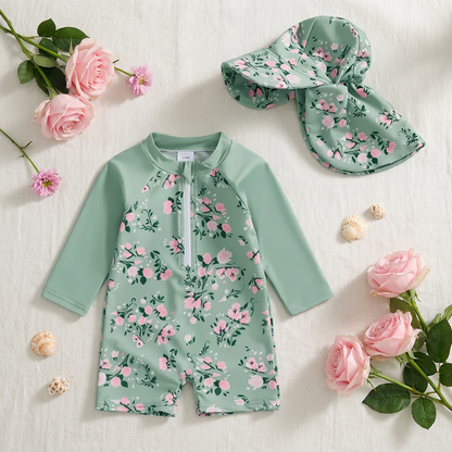 Cottagecore Vintage Rose Rash Guard & Sun Hat – Sage Green (3M-4T)
