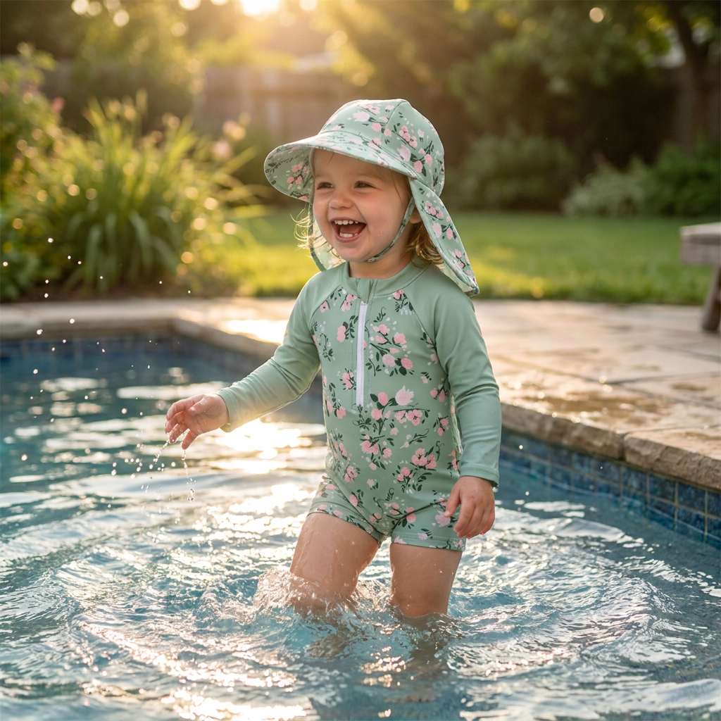 Cottagecore Vintage Rose Rash Guard & Sun Hat – Sage Green (3M-4T)
