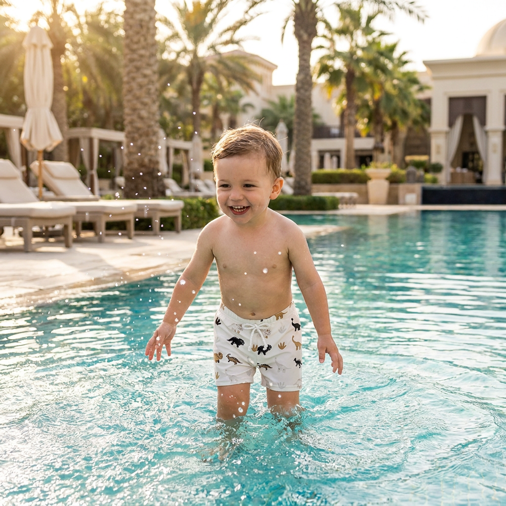 Dinosaur & Palm Tree Swim Trunks | Quick-Dry Board Shorts | Teal & Ivory White | (6M-4T)