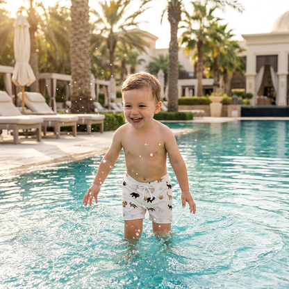Dinosaur & Palm Tree Swim Trunks | Quick-Dry Board Shorts | Teal & Ivory White | (6M-4T)
