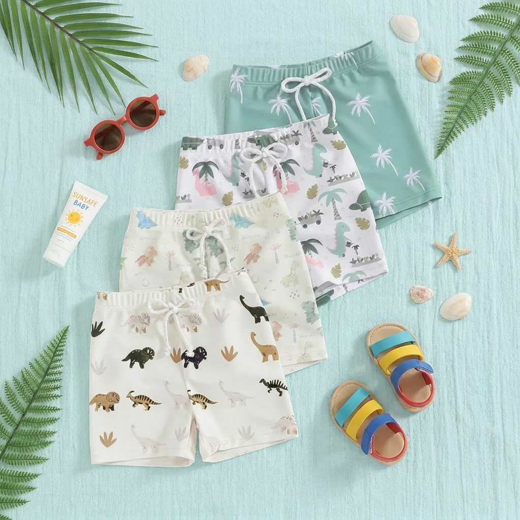 Dinosaur & Palm Tree Swim Trunks | Quick-Dry Board Shorts | Teal & Ivory White | (6M-4T)
