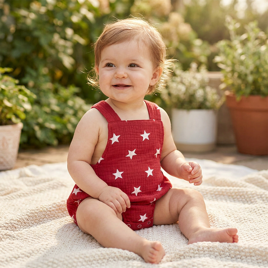 4th of July Muslin Romper - Patriotic Stars Sleeveless Bodysuit - Red/Blue (0-18M)