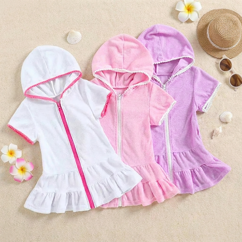 Girls Terry Bathing Suit Coverup - Hooded Zip Up Cotton Beach Dress (Size 2T-12)