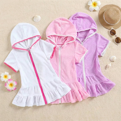Girls Terry Bathing Suit Coverup - Hooded Zip Up Cotton Beach Dress (Size 2T-12)