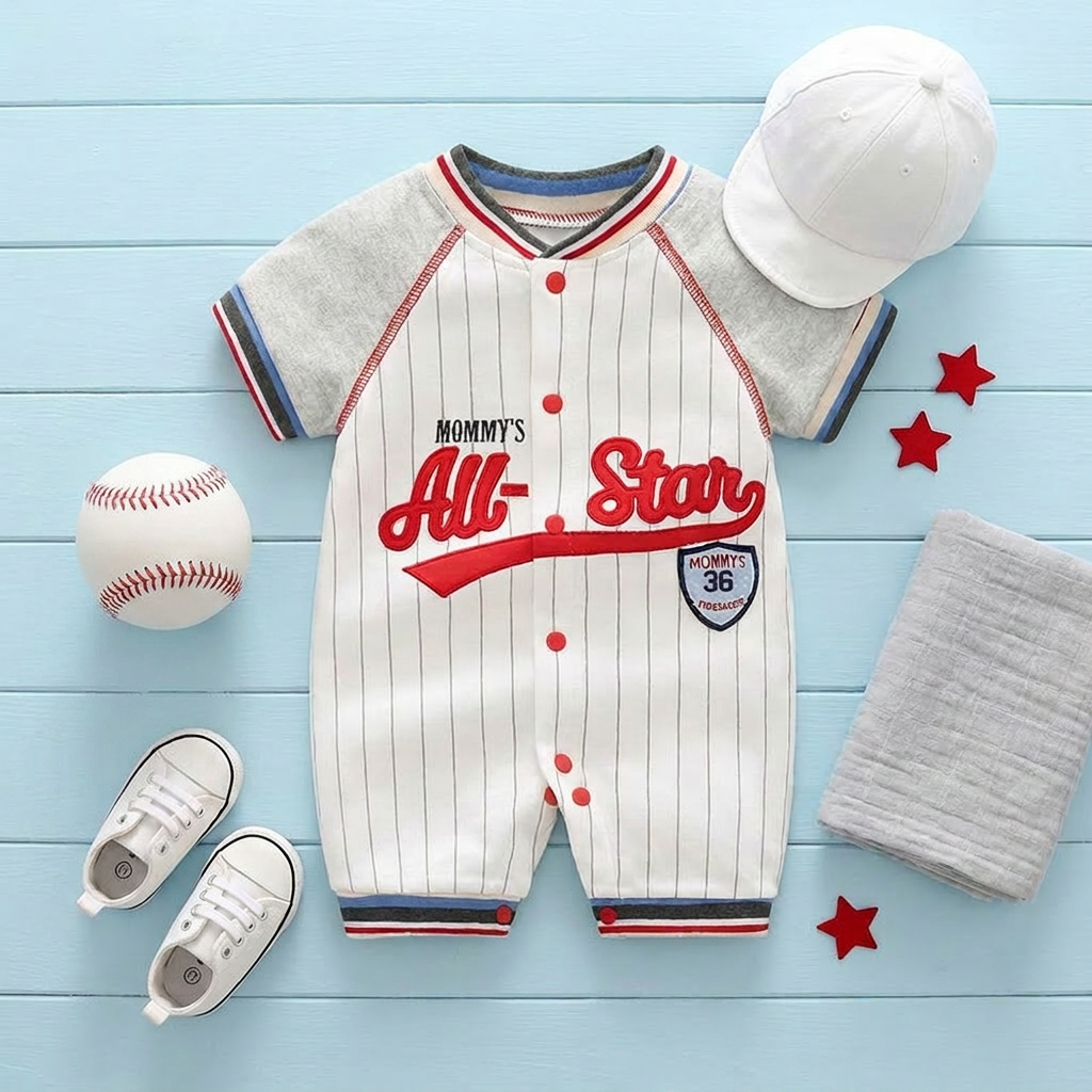 Mommy's All-Star Baby Boy Baseball Shortall - Pure Cotton Victory Jersey (0-18M)