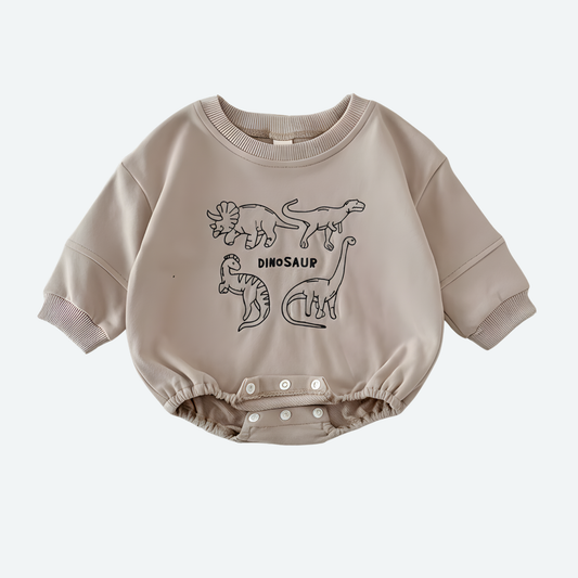 Beige unisex baby sweatshirt romper with black dinosaur embroidery and long sleeves
