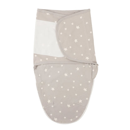 Khaki star pattern newborn swaddle sleep sack made of 100% cotton, featuring adjustable silent velcro wings