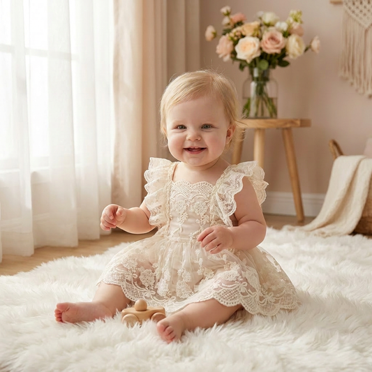 Baby girl wearing a vintage lace romper dress at a wedding or birthday