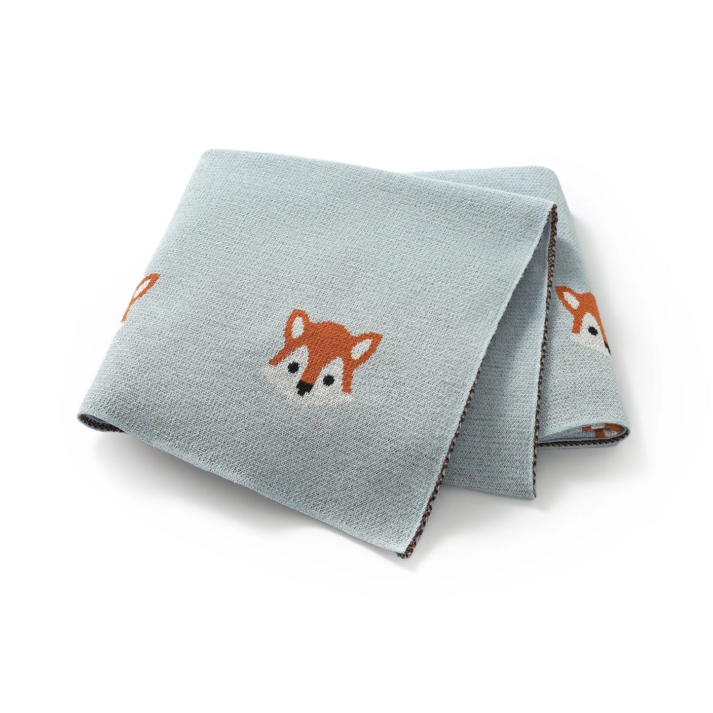 Light blue 100% cotton soft knit baby receiving blanket with fox pattern variant shot