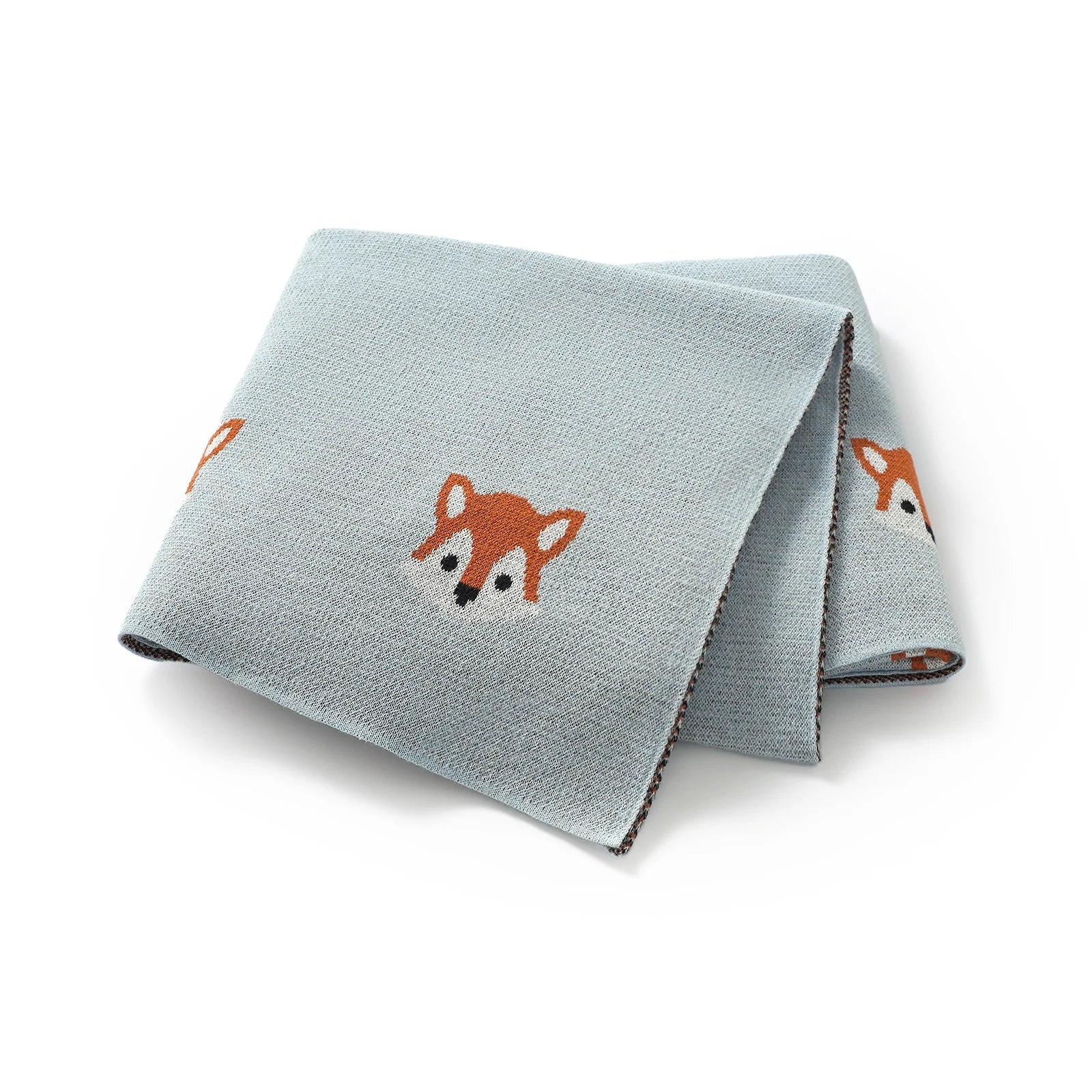Light blue 100% cotton soft knit baby receiving blanket with fox pattern variant shot