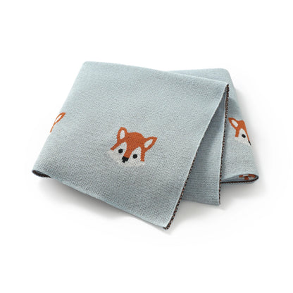 Light blue 100% cotton soft knit baby receiving blanket with fox pattern variant shot