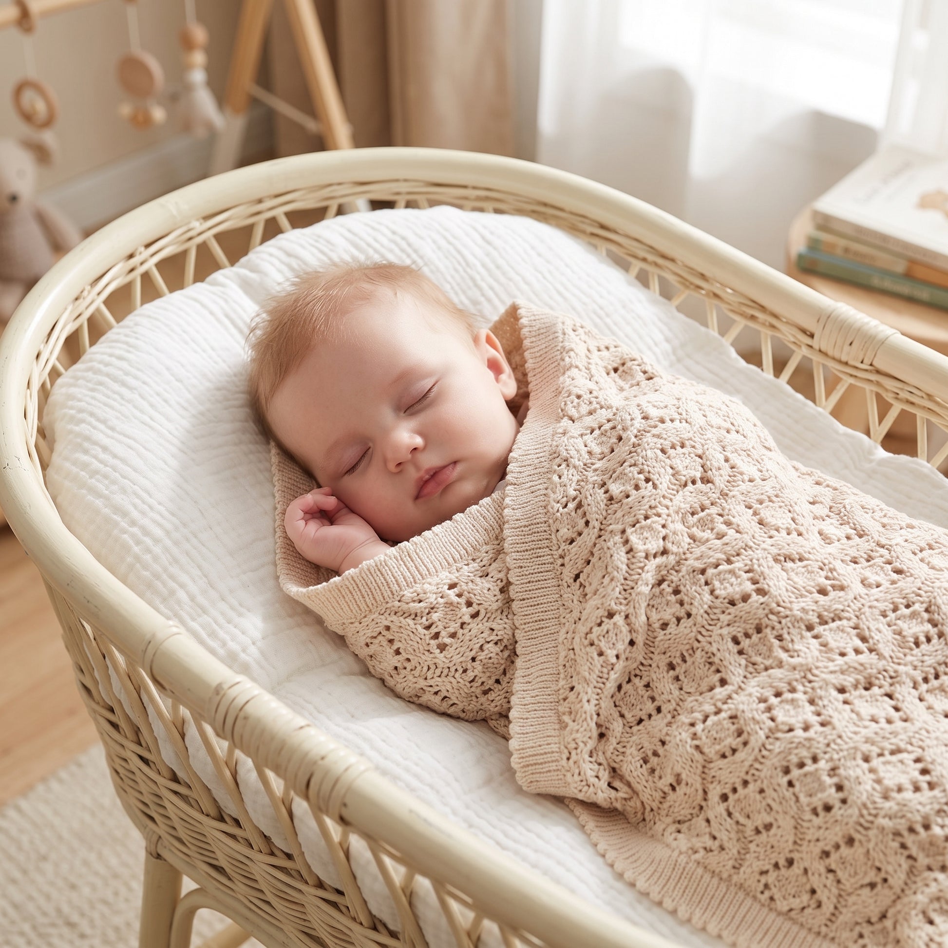 Newborn sleeping comfortably under an oatmeal 100% cotton knit baby blanket in a bassinette