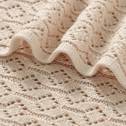 Close-up of breathable knit cellular pattern on a 100% cotton baby blanket